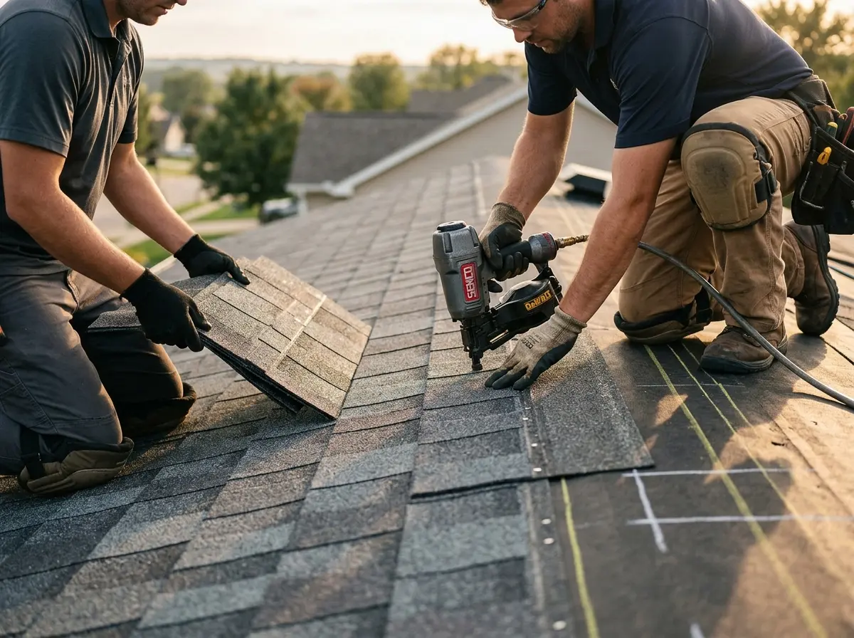 Professional roofer working on a residential roof in Maple Heights